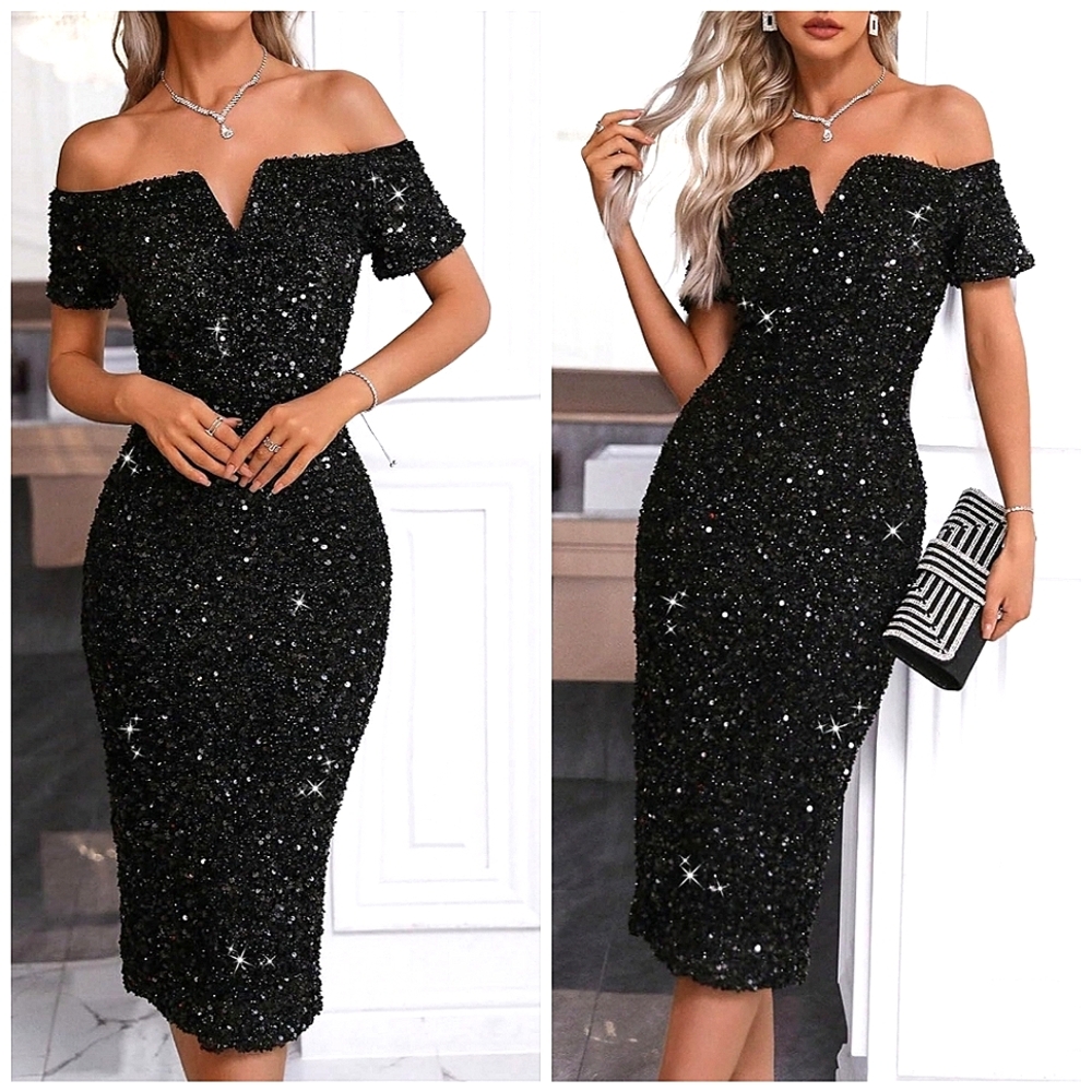 NEW Luxe Sequin Off Shoulder Bodycon Midi Dress Black Formal Evening